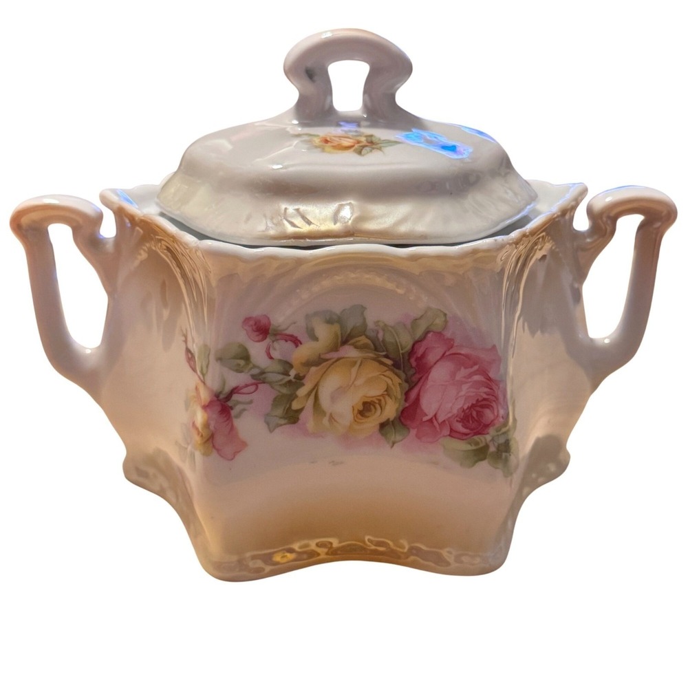 Vintage Lusterware 1930s Lidded Dish Sugar Canister White Floral Design Germany